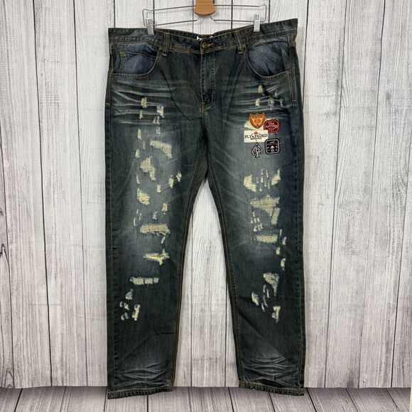 Born Fly Men's 44x34 Blue Dark Wash Straight Leg Baggy Distressed Patches Jeans - Picture 1 of 7